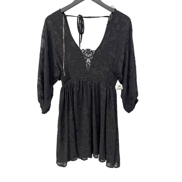 Millibon Lace Mini Dress Size Small 3/4 Sleeve V Neck Black Boho Fairygoth NEW - Picture 2 of 7